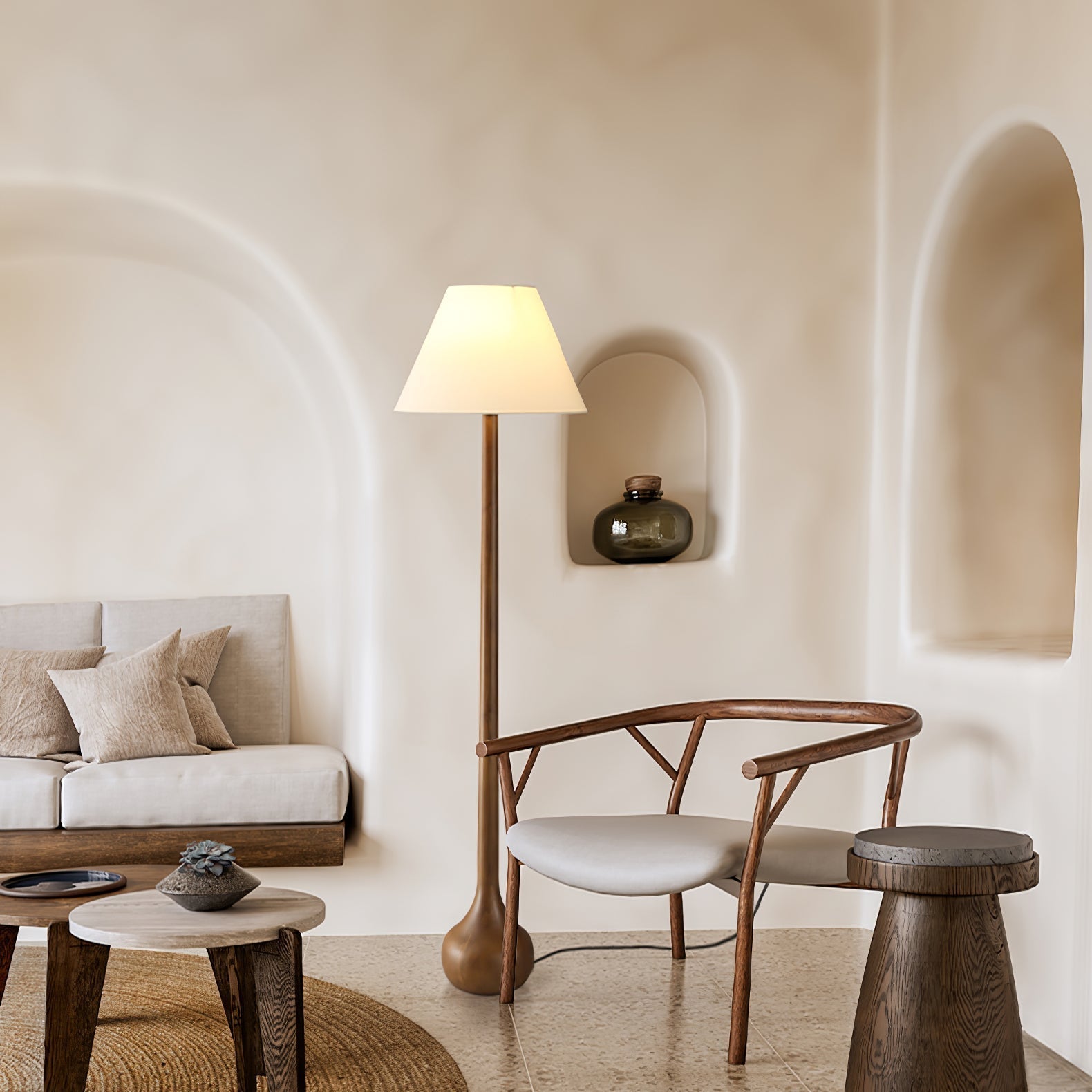 Elegant Solid Wood Uplight Floor Lamp with Fabric Shade and Metal Accents