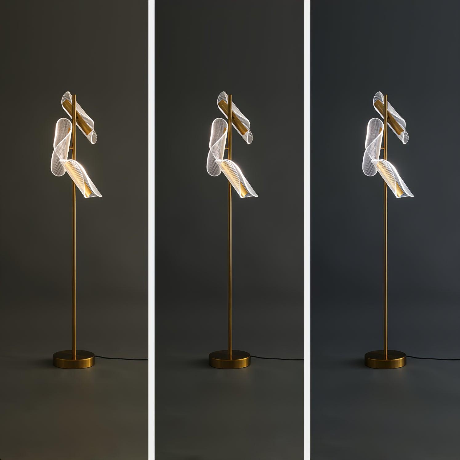 Modern Gold Sculptural Flame Floor Lamp with Integrated LED Acrylic Shades