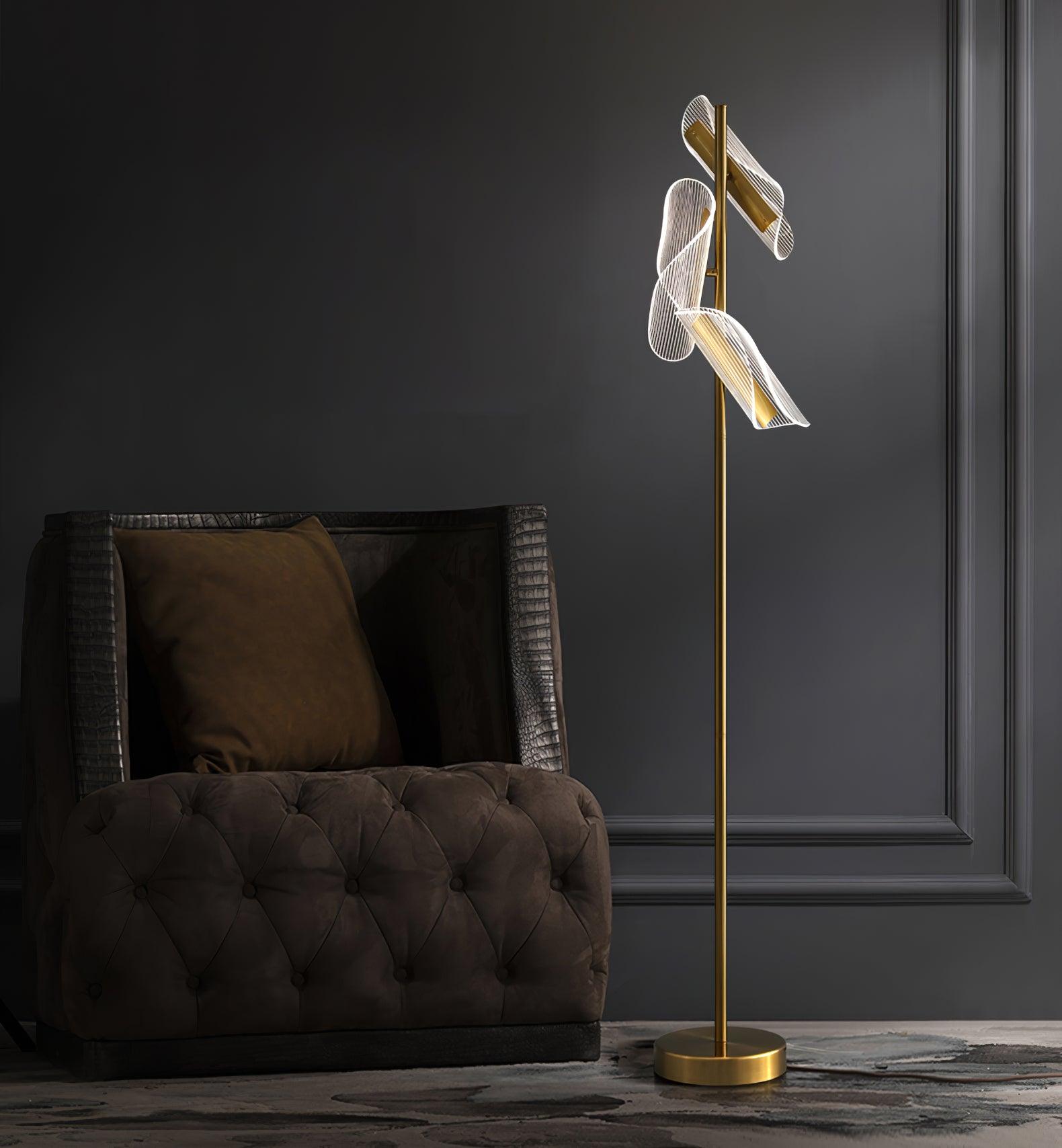 Modern Gold Sculptural Flame Floor Lamp with Integrated LED Acrylic Shades