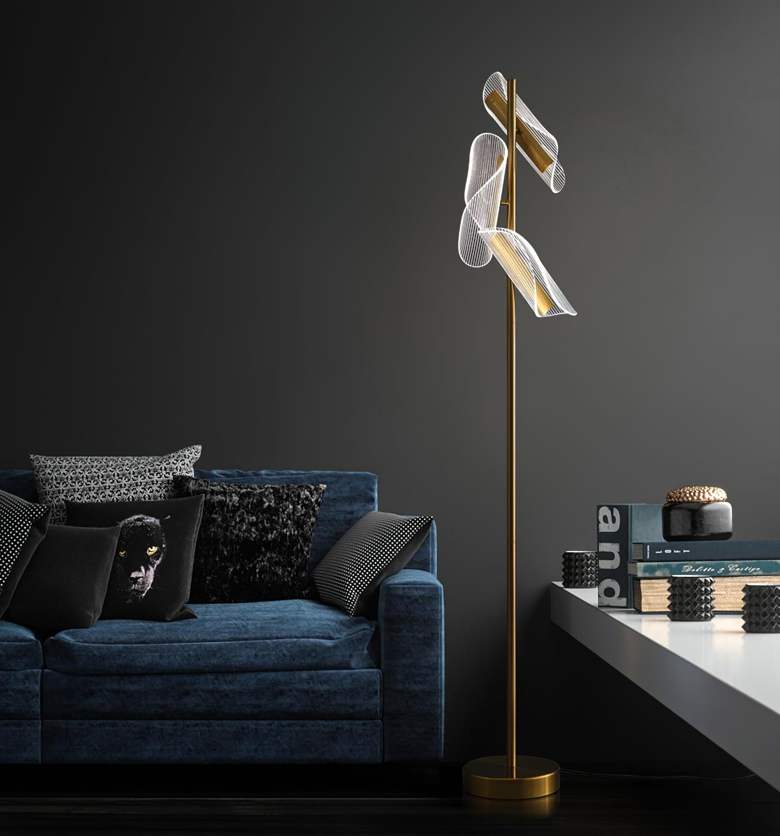 Modern Gold Sculptural Flame Floor Lamp with Integrated LED Acrylic Shades
