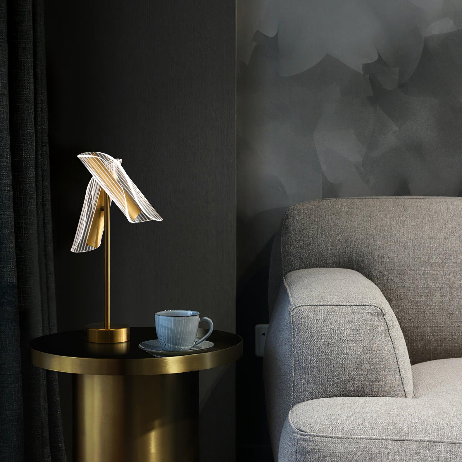 Modern Flame Shaped Acrylic Table Lamp with Gold Metal Base and Integrated LED