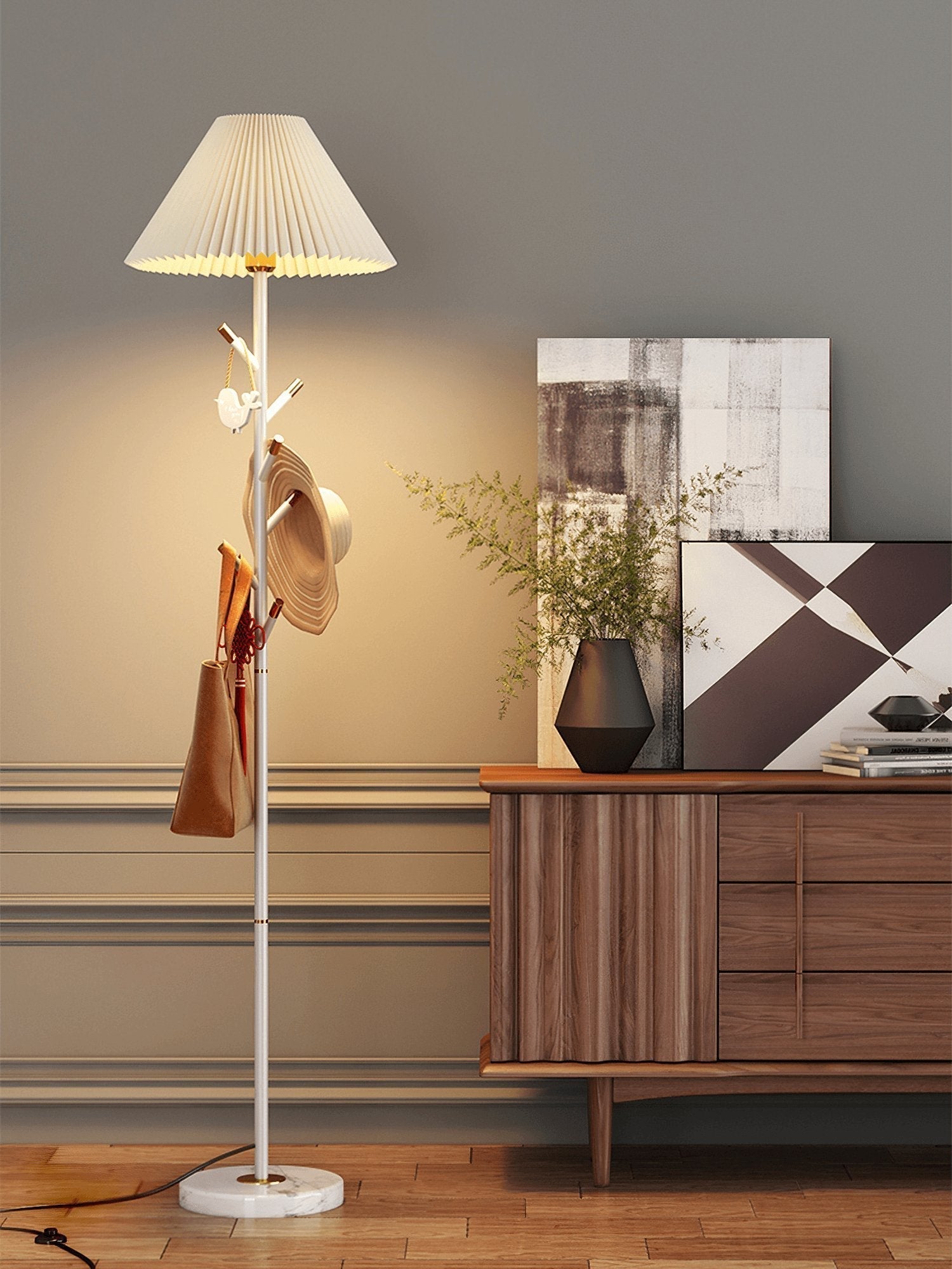 Flapper Elegant Standing Floor Lamp with Marble Base and Fabric Shade