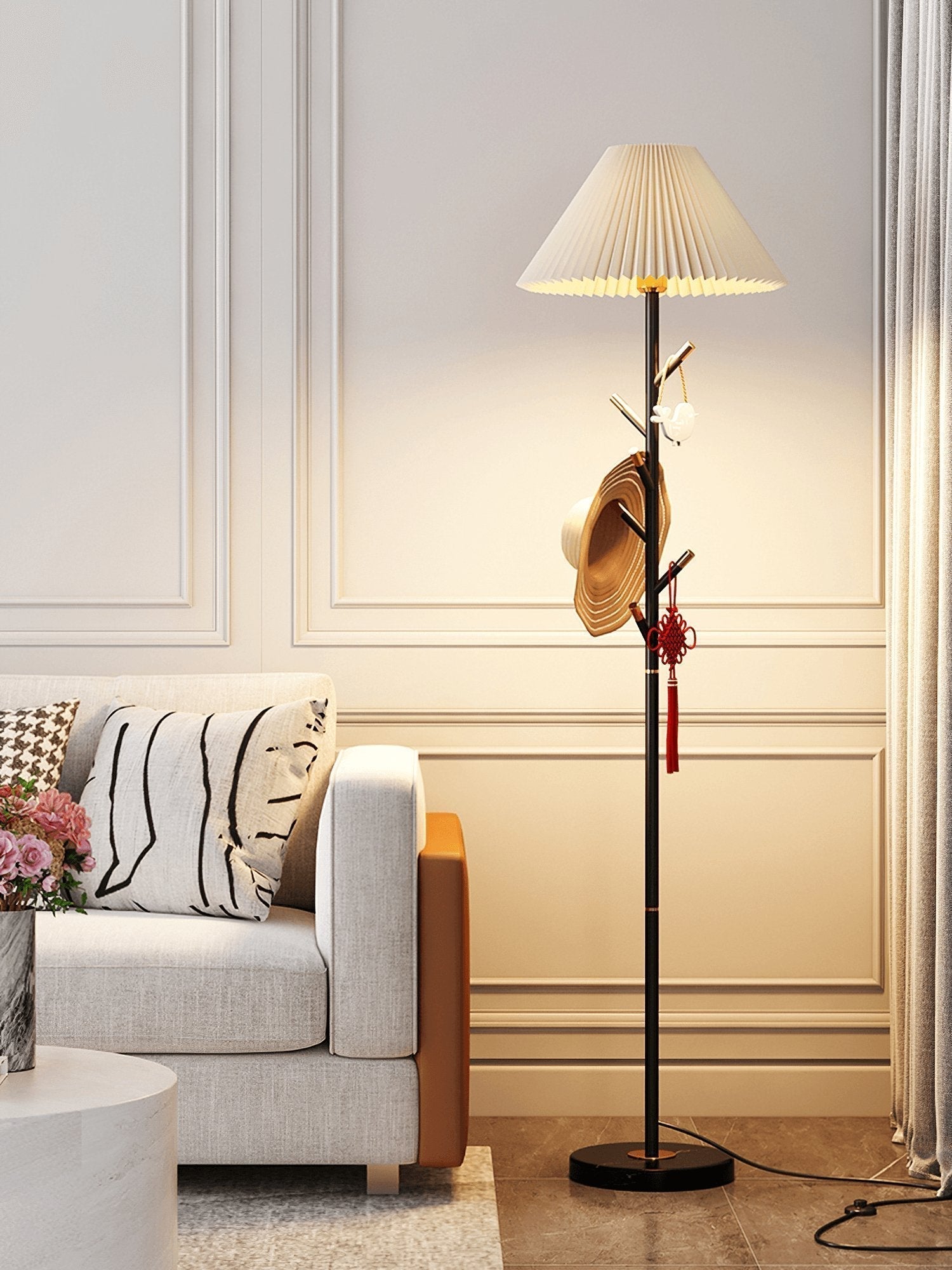 Flapper Elegant Standing Floor Lamp with Marble Base and Fabric Shade