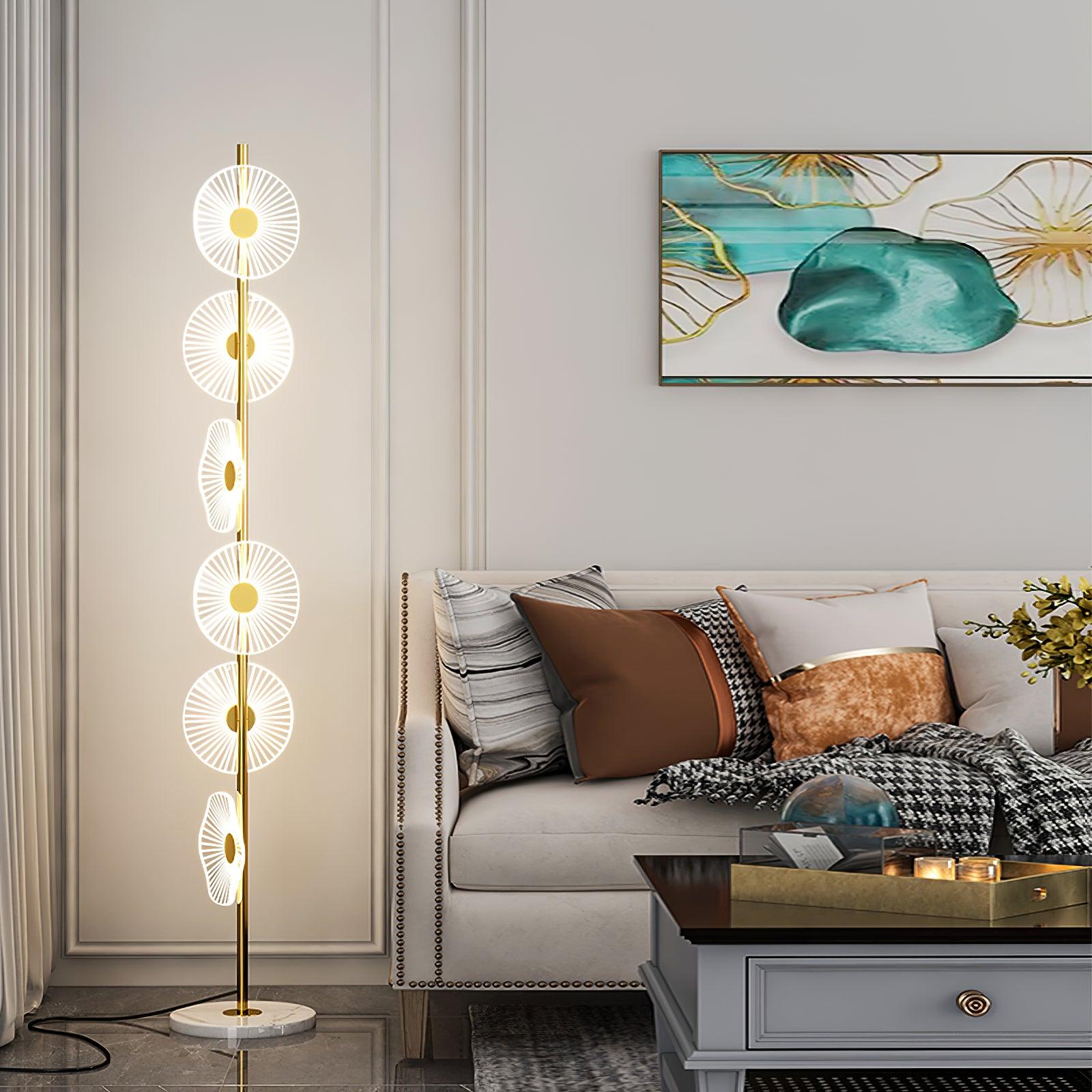 Floating Raindrop LED Floor Lamp Gold Finish and White Marble Pedestal