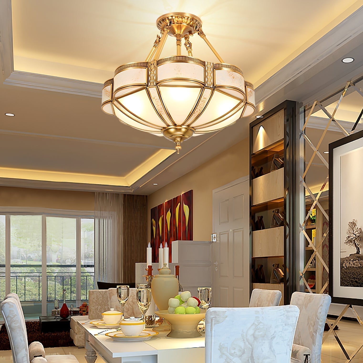 Elegant Floral Brass Flush Mount Ceiling Light with Milk Glass Shade