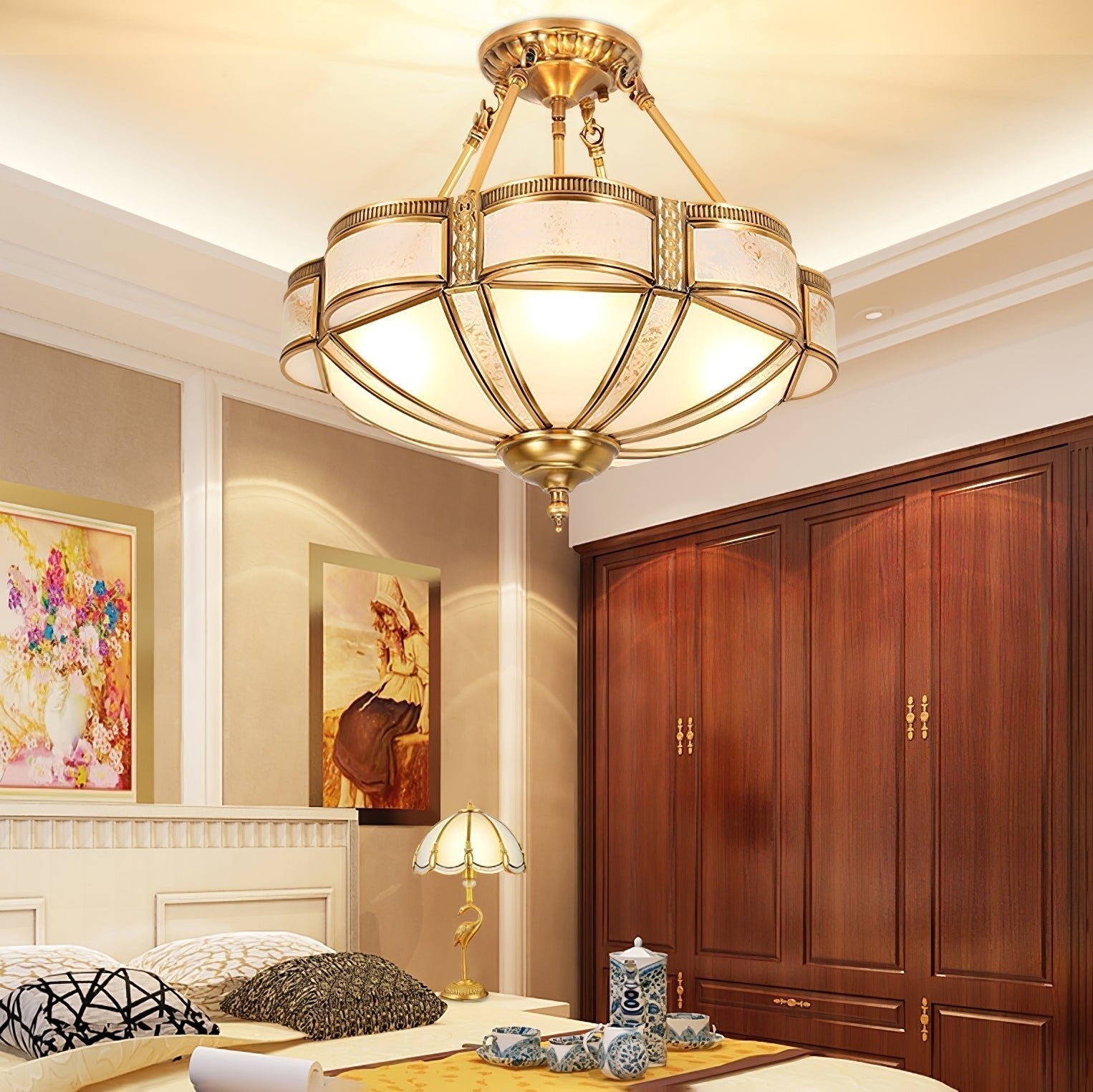 Elegant Floral Brass Flush Mount Ceiling Light with Milk Glass Shade