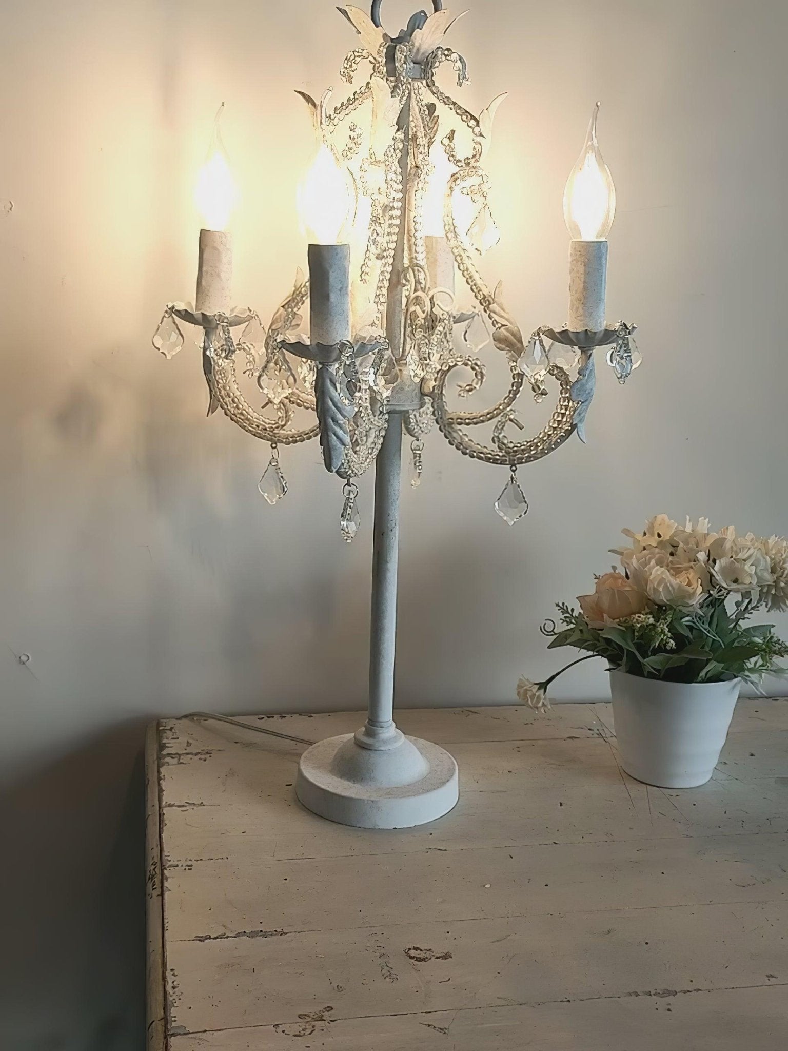 Antique White Floral Crystal Candle Table Lamp Elegant 4 Light Desk Lamp