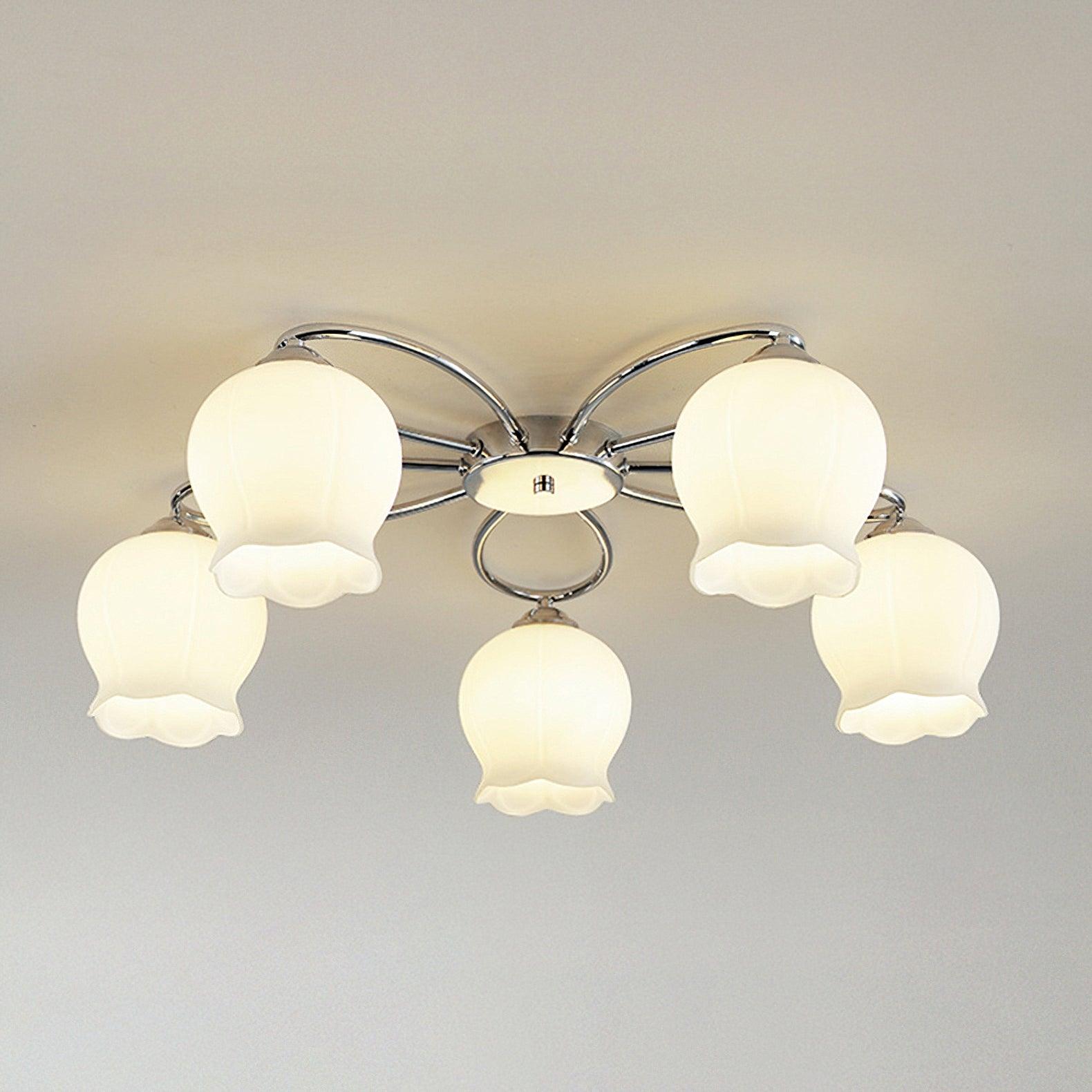 Elegant White Floral Glass Overhead Ceiling Lamp with Chrome Metal Base for Indoor Use