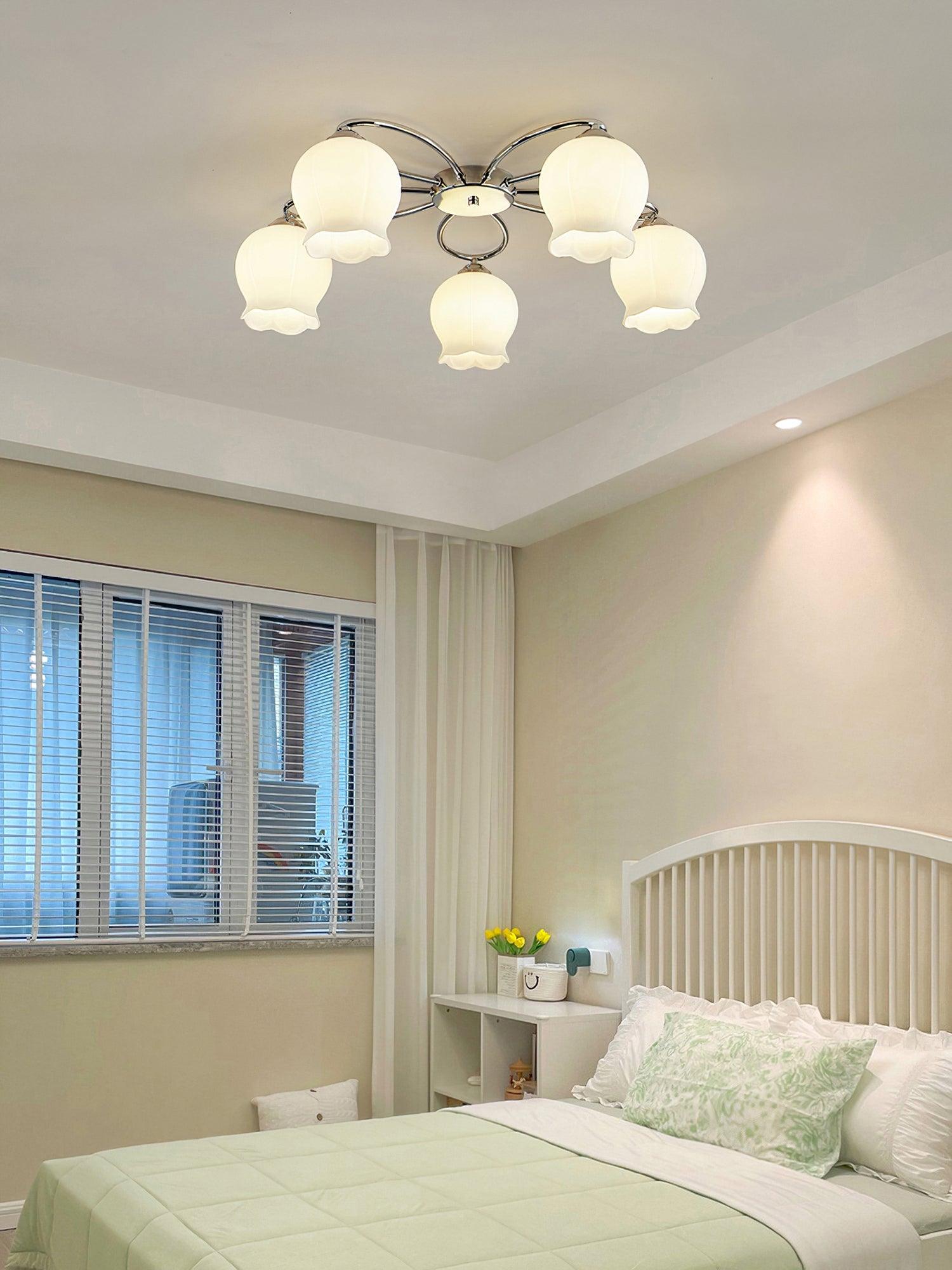 Elegant White Floral Glass Overhead Ceiling Lamp with Chrome Metal Base for Indoor Use