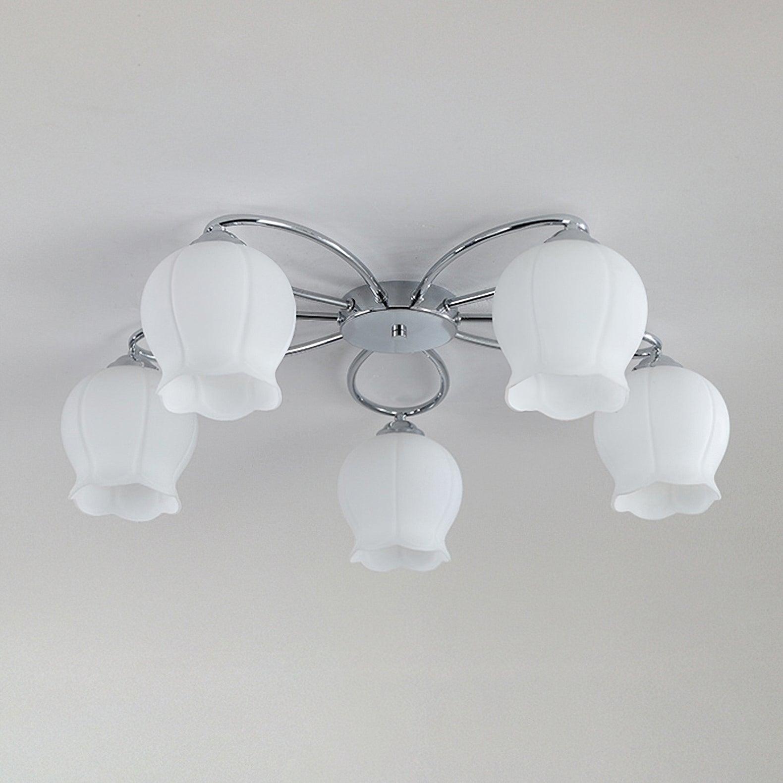 Elegant White Floral Glass Overhead Ceiling Lamp with Chrome Metal Base for Indoor Use