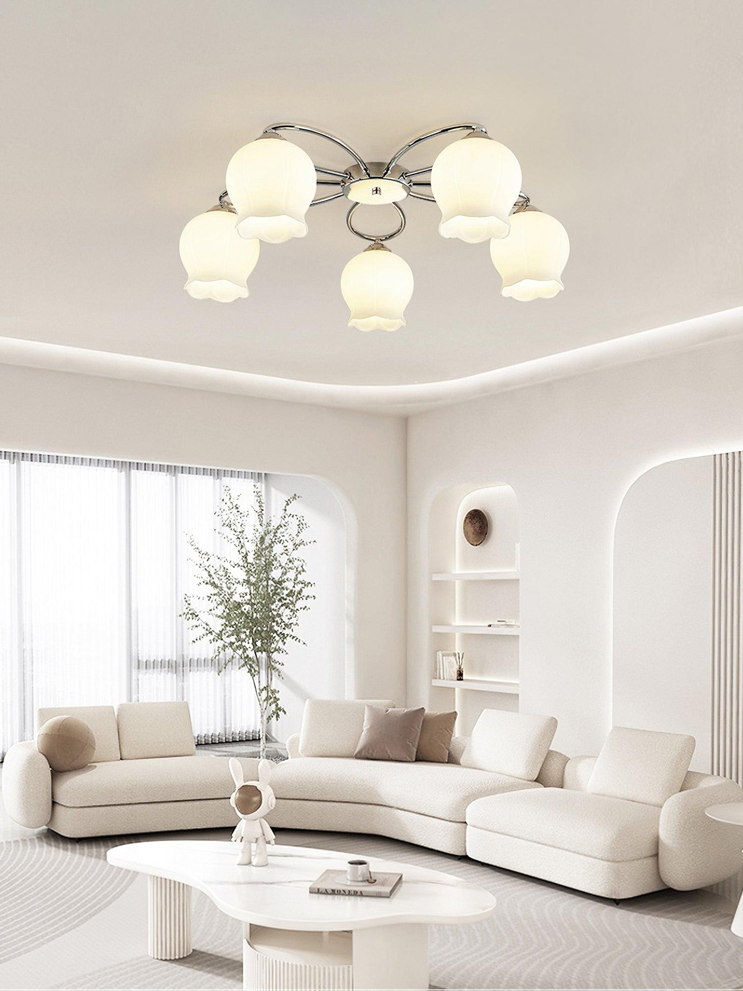 Elegant White Floral Glass Overhead Ceiling Lamp with Chrome Metal Base for Indoor Use