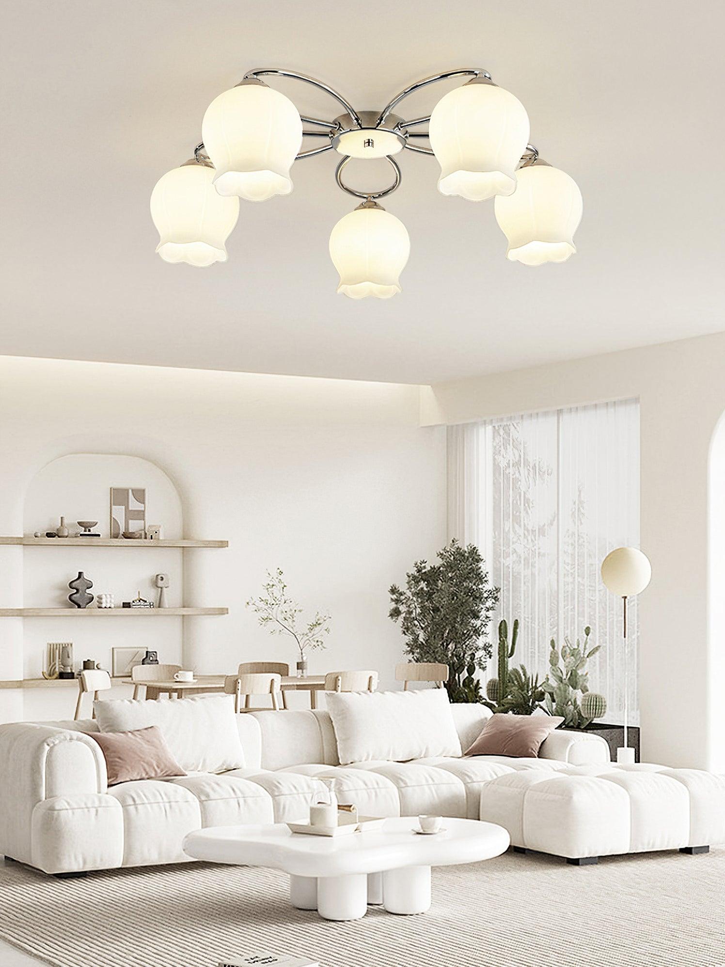 Elegant White Floral Glass Overhead Ceiling Lamp with Chrome Metal Base for Indoor Use