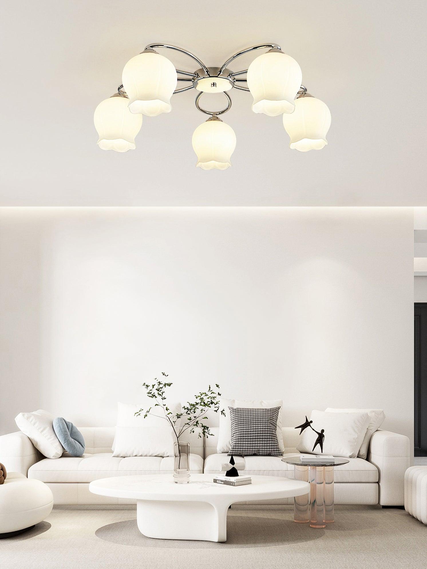 Elegant White Floral Glass Overhead Ceiling Lamp with Chrome Metal Base for Indoor Use