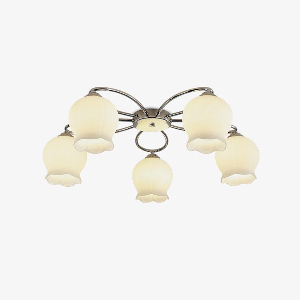 Elegant White Floral Glass Overhead Ceiling Lamp with Chrome Metal Base for Indoor Use