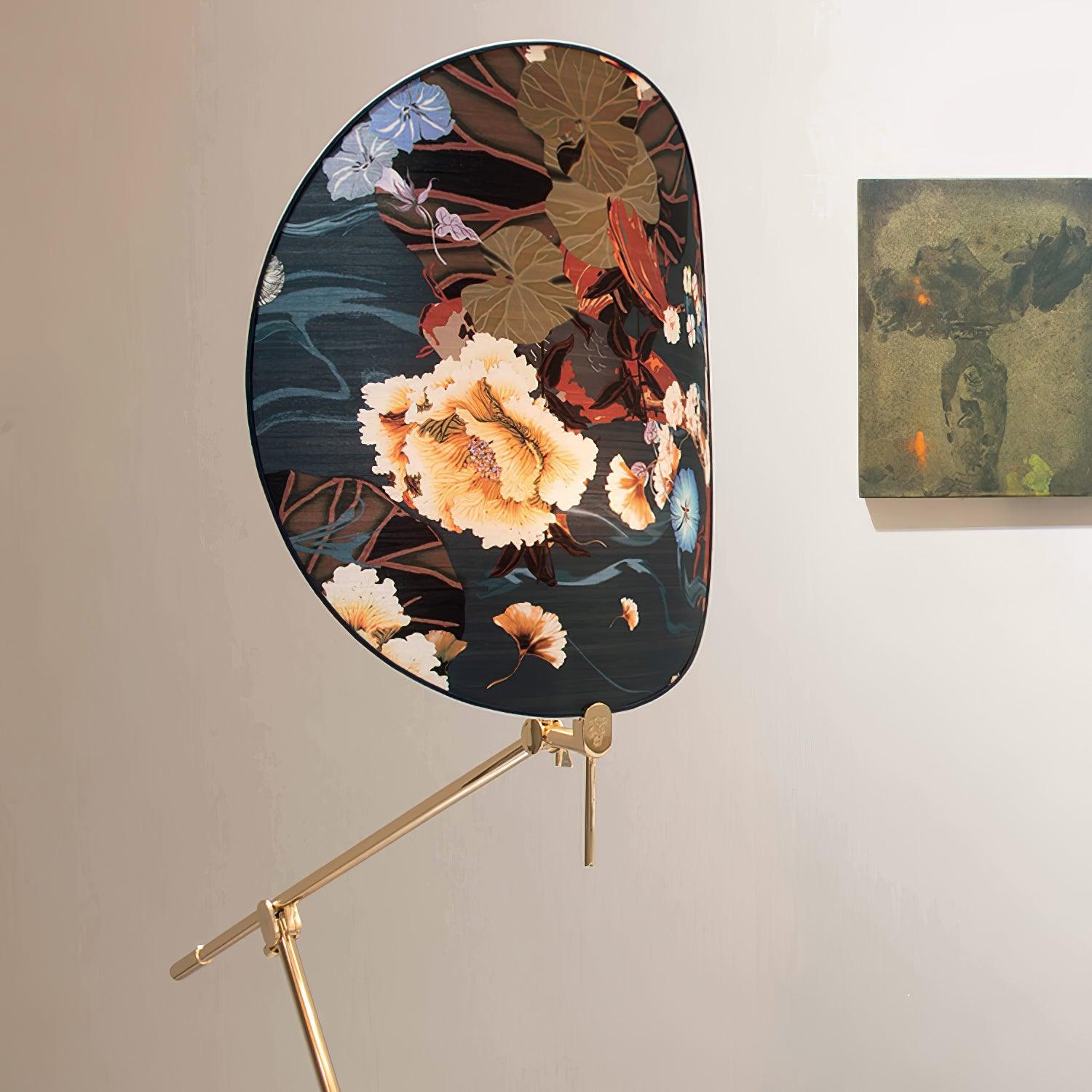 Botanical Print Cylinder Floor Lamp with Brass Tripod Base and Fabric Shade