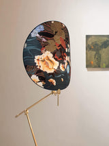 Botanical Print Cylinder Floor Lamp with Brass Tripod Base and Fabric Shade