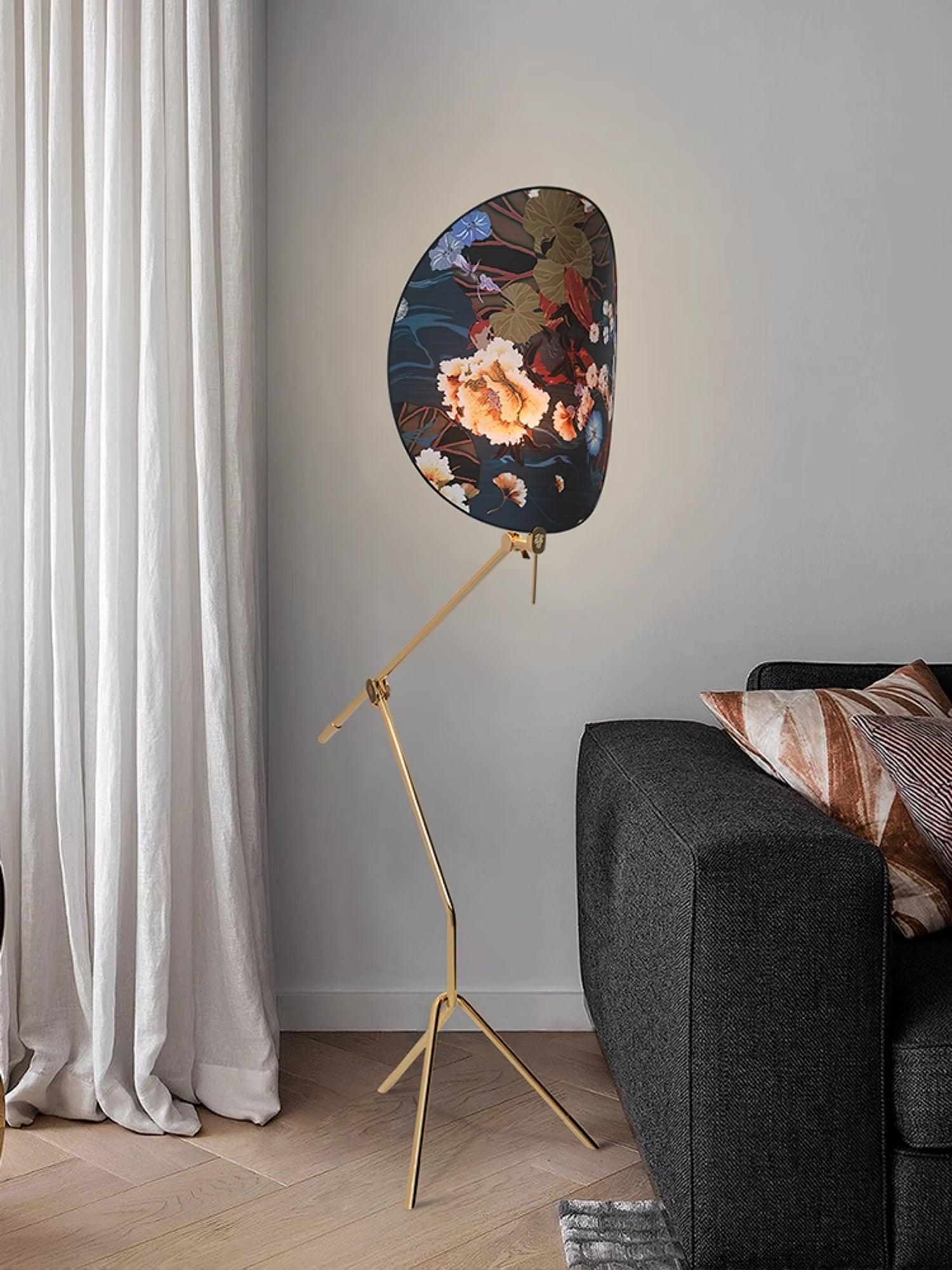 Botanical Print Cylinder Floor Lamp with Brass Tripod Base and Fabric Shade