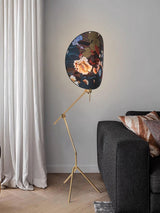 Botanical Print Cylinder Floor Lamp with Brass Tripod Base and Fabric Shade