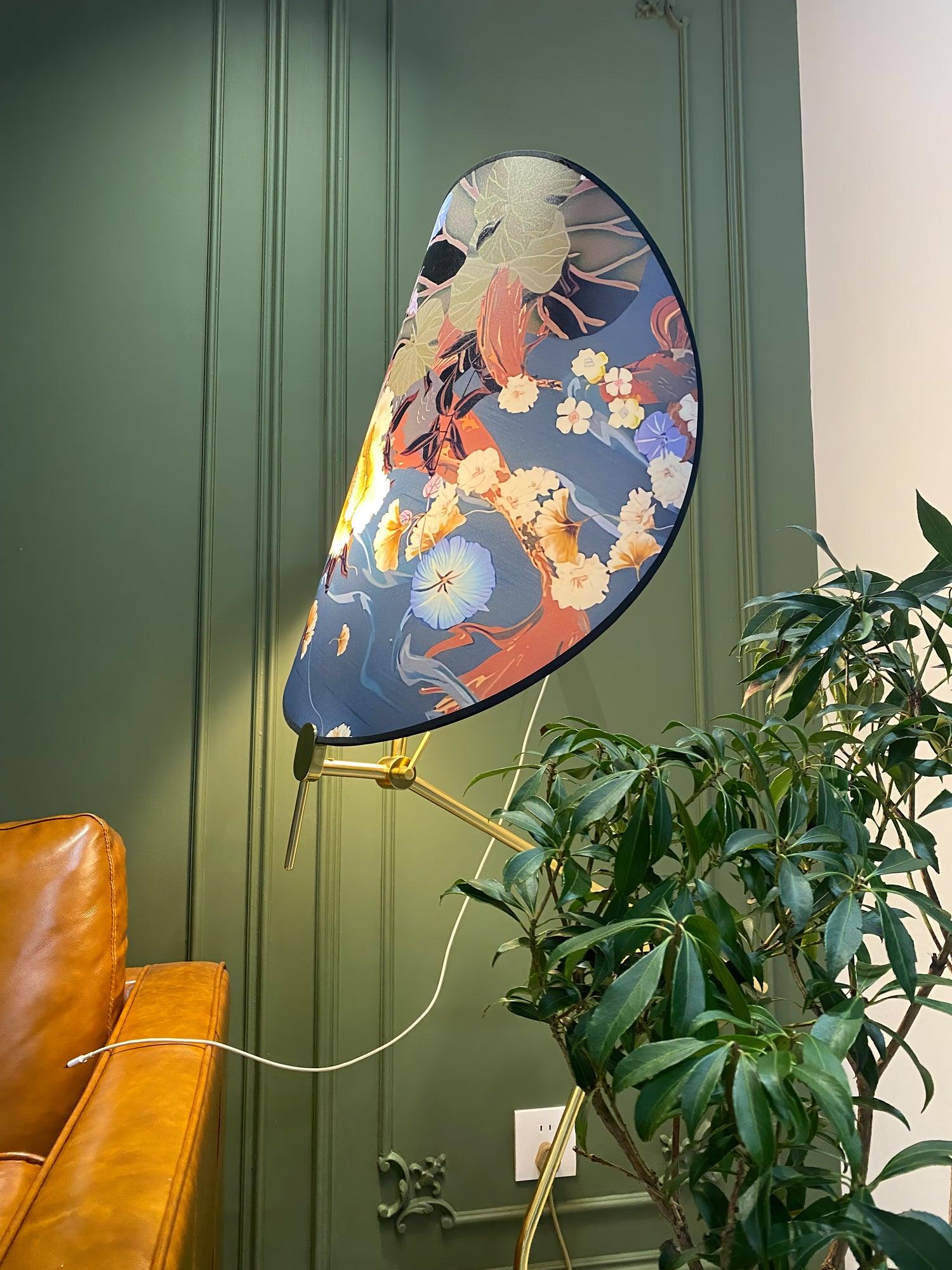 Botanical Print Cylinder Floor Lamp with Brass Tripod Base and Fabric Shade
