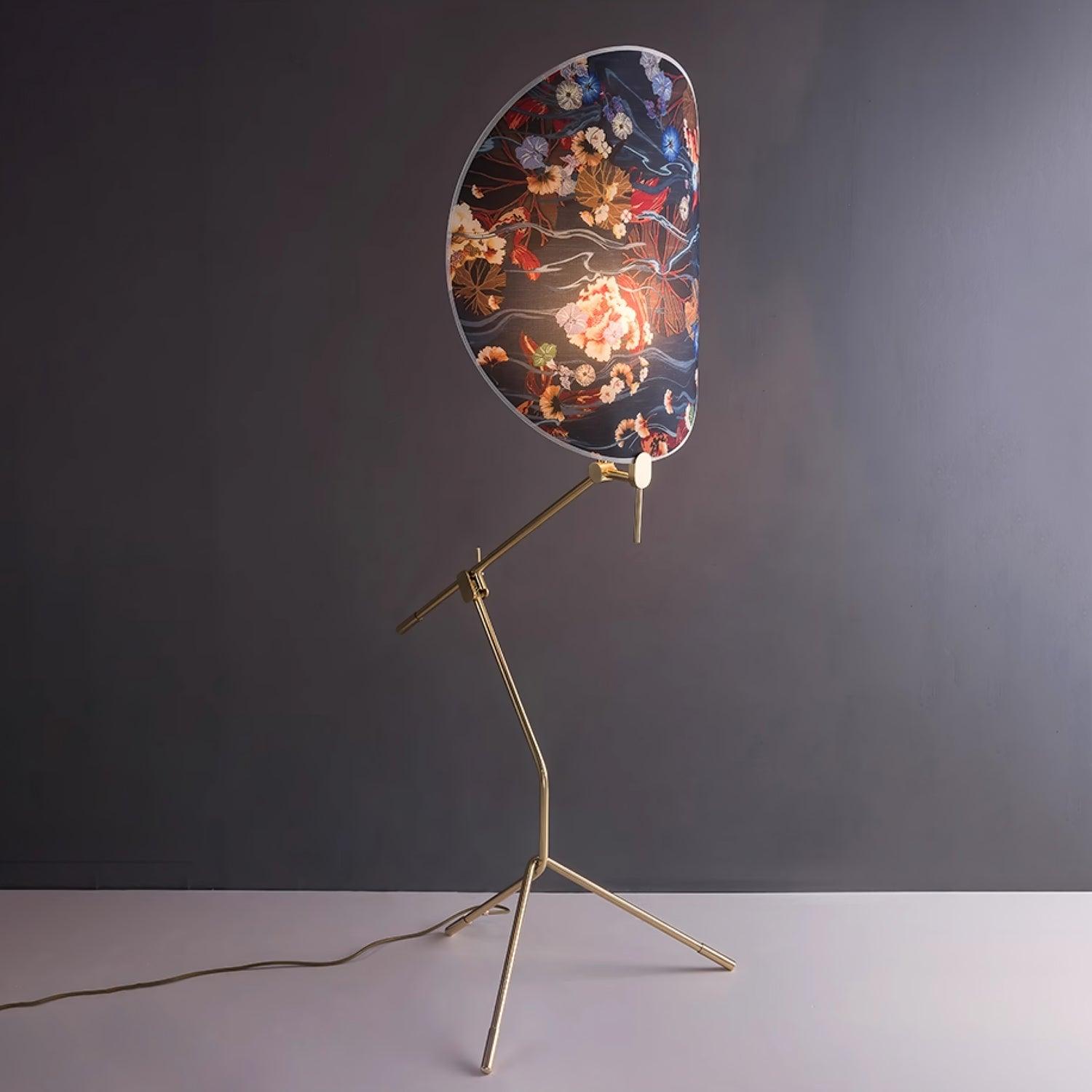 Botanical Print Cylinder Floor Lamp with Brass Tripod Base and Fabric Shade