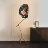 Botanical Print Cylinder Floor Lamp with Brass Tripod Base and Fabric Shade