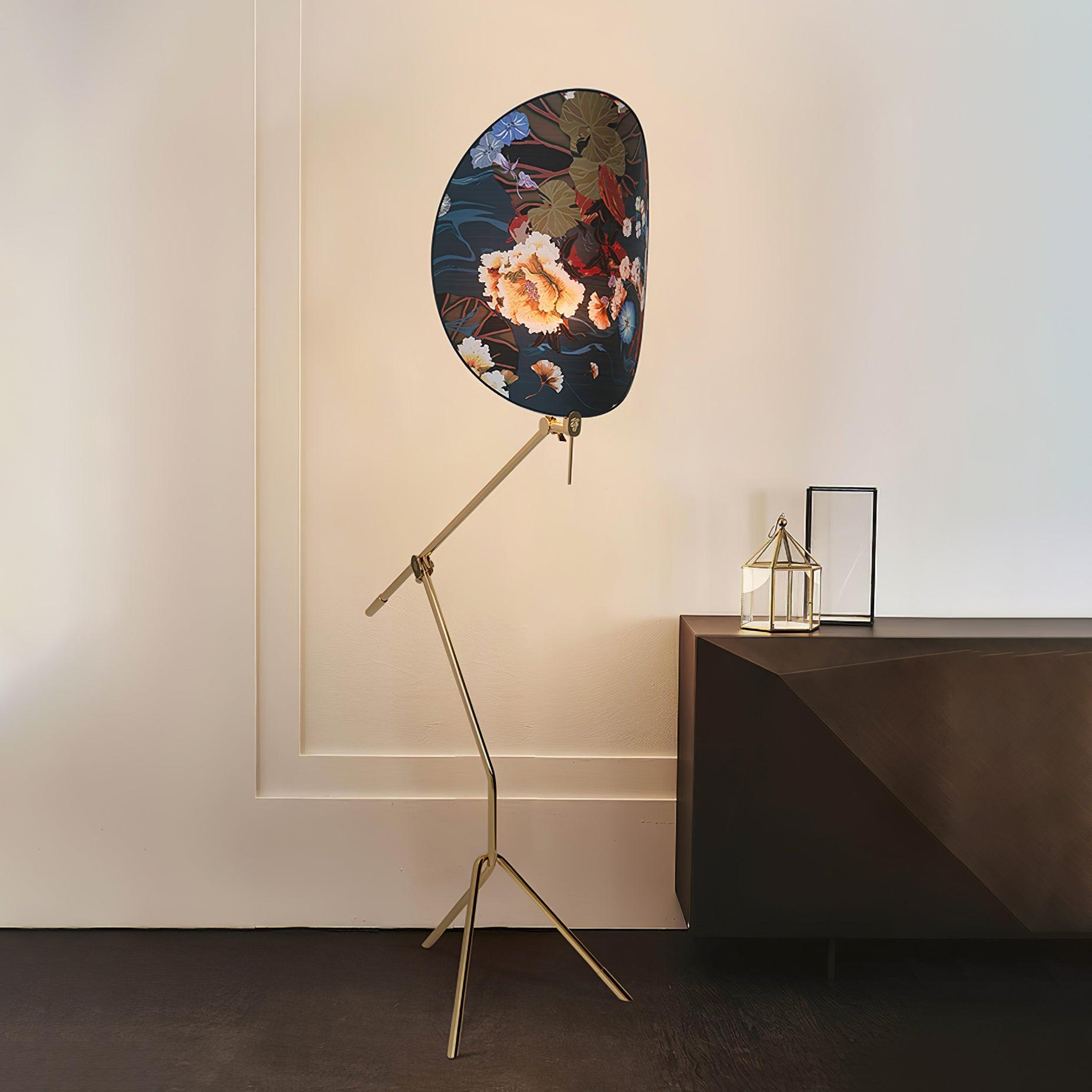 Botanical Print Cylinder Floor Lamp with Brass Tripod Base and Fabric Shade