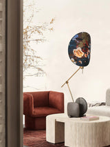 Botanical Print Cylinder Floor Lamp with Brass Tripod Base and Fabric Shade