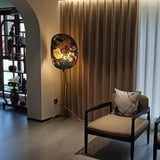 Botanical Print Cylinder Floor Lamp with Brass Tripod Base and Fabric Shade