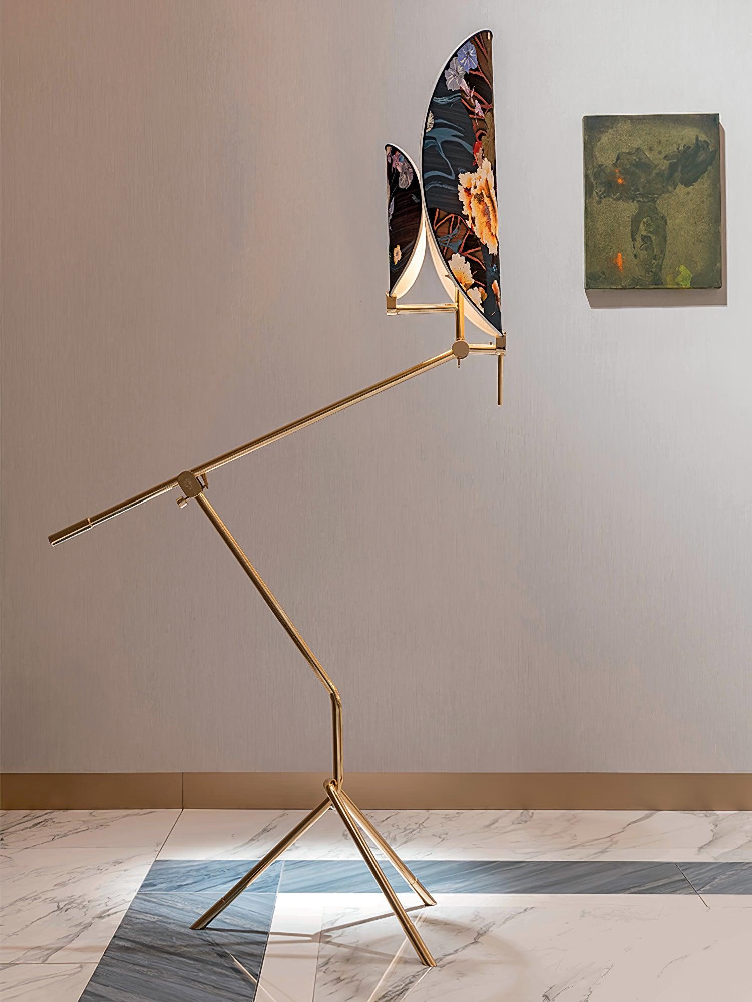 Botanical Print Cylinder Floor Lamp with Brass Tripod Base and Fabric Shade