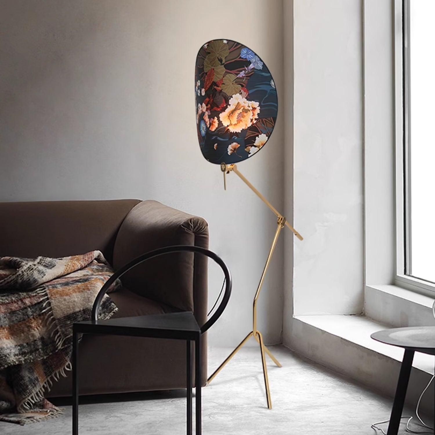 Botanical Print Cylinder Floor Lamp with Brass Tripod Base and Fabric Shade
