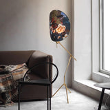 Botanical Print Cylinder Floor Lamp with Brass Tripod Base and Fabric Shade
