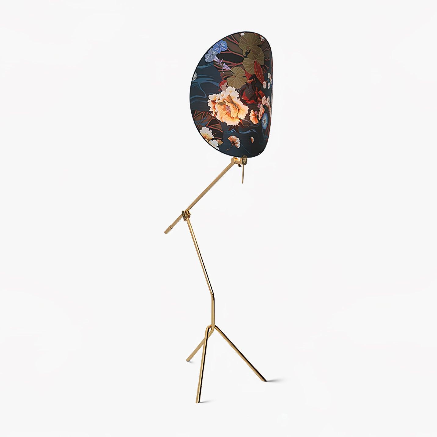 Botanical Print Cylinder Floor Lamp with Brass Tripod Base and Fabric Shade