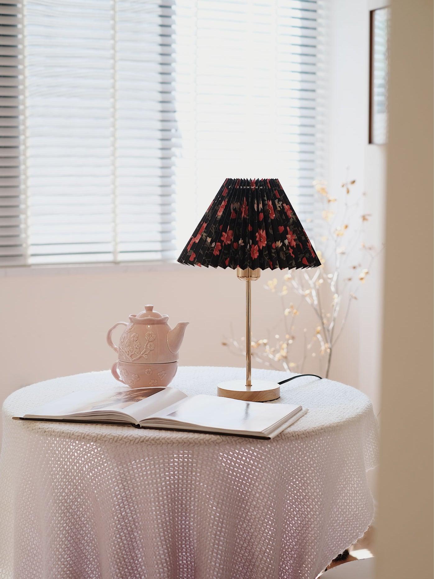 Flores Floral Pleated Shade Table Lamp with Wooden Base and Gold Accents