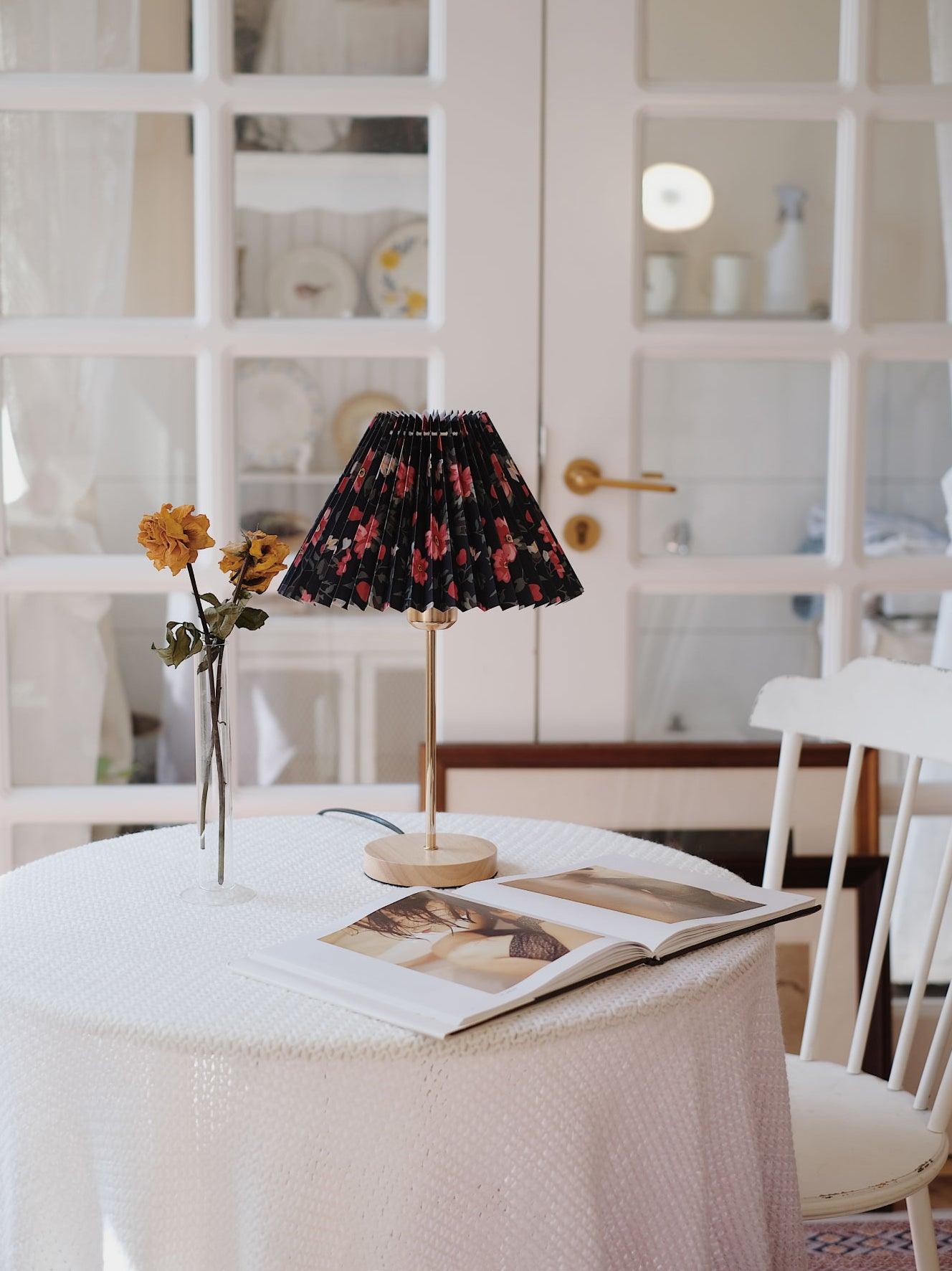 Flores Floral Pleated Shade Table Lamp with Wooden Base and Gold Accents