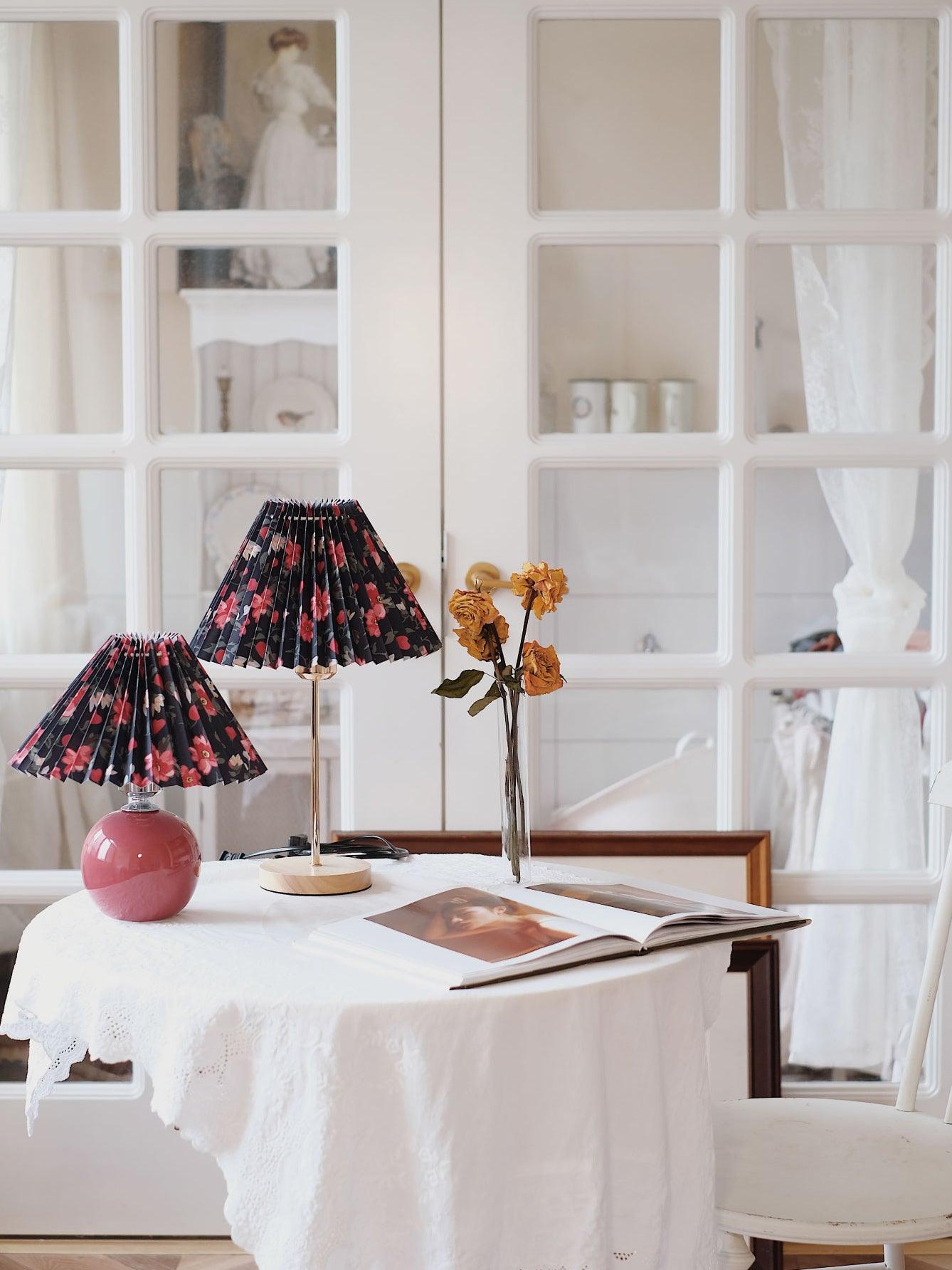 Flores Floral Pleated Shade Table Lamp with Wooden Base and Gold Accents