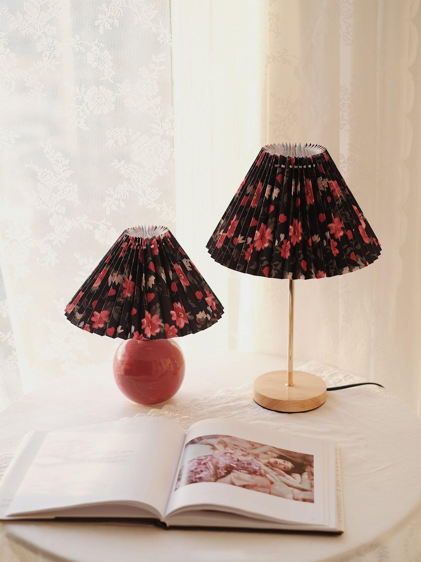 Flores Floral Pleated Shade Table Lamp with Wooden Base and Gold Accents