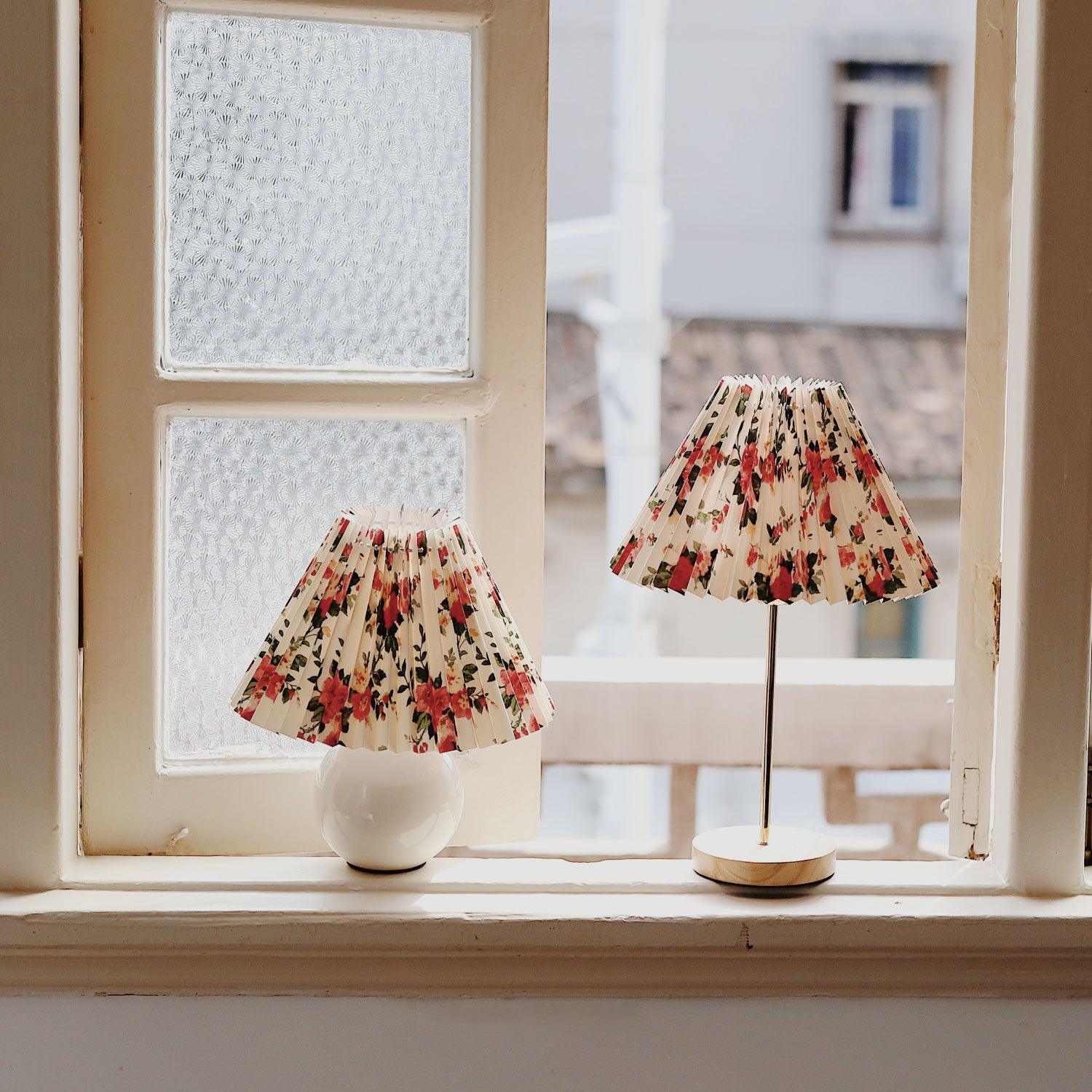 Flores Floral Pleated Shade Table Lamp with Wooden Base and Gold Accents