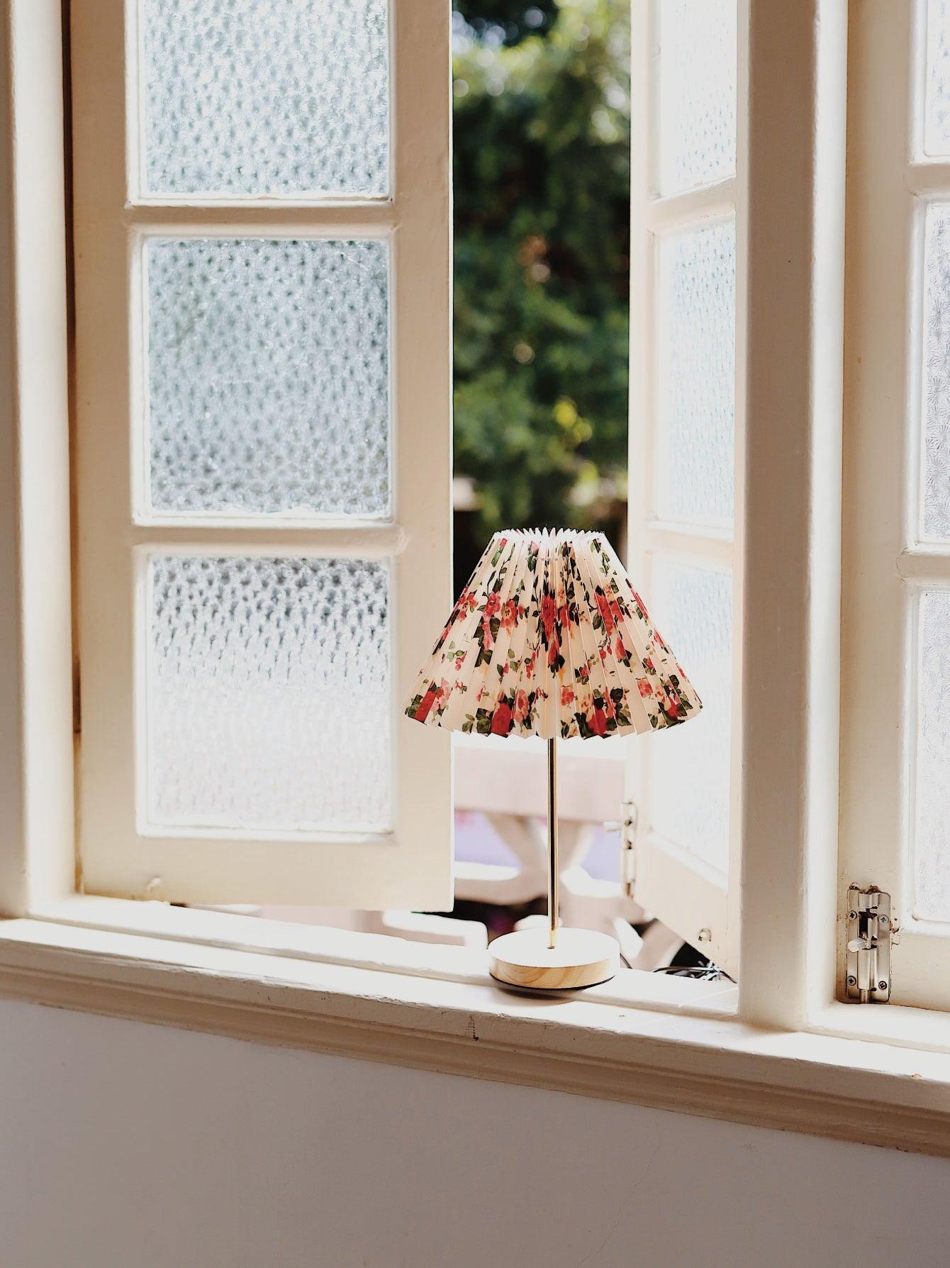 Flores Floral Pleated Shade Table Lamp with Wooden Base and Gold Accents