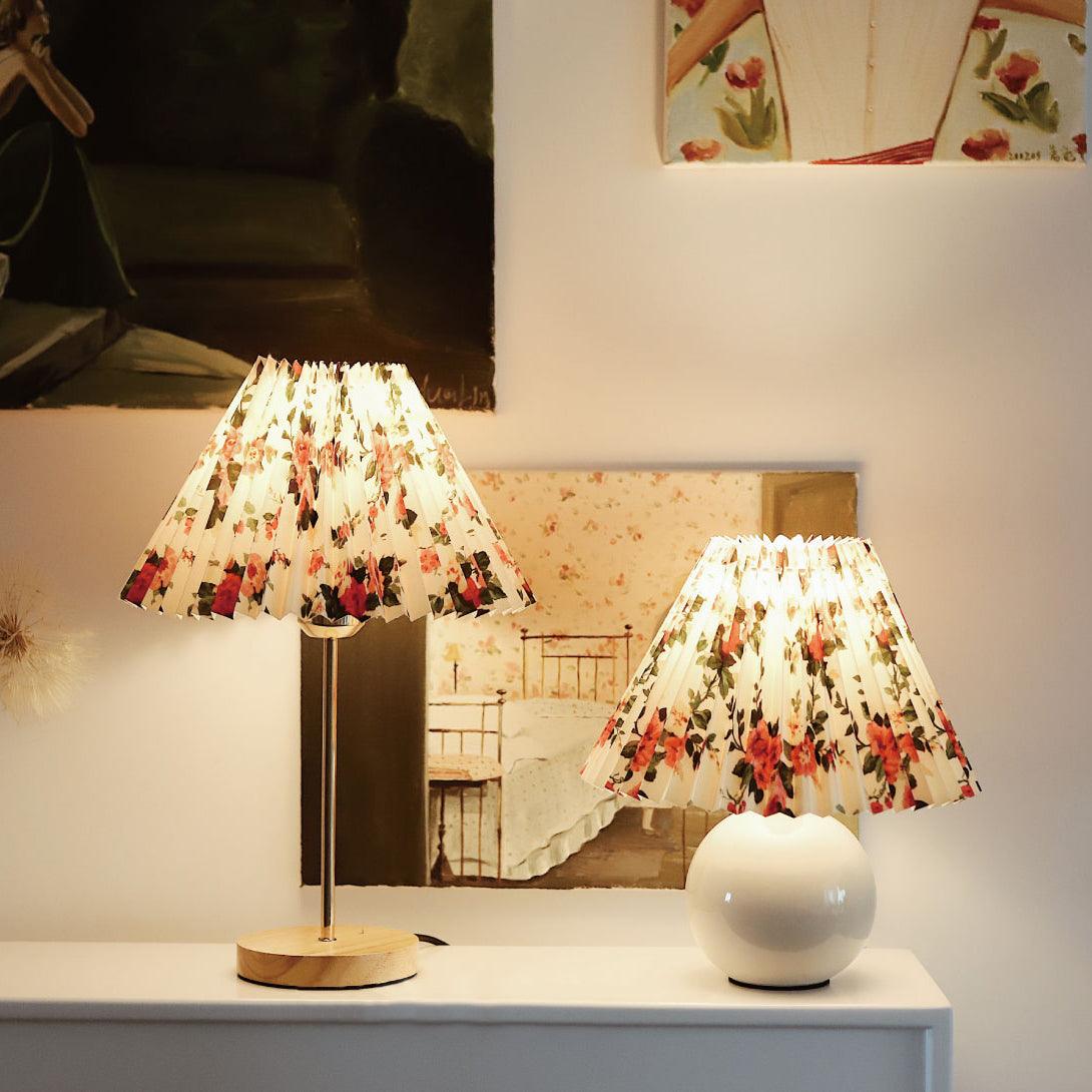 Flores Floral Pleated Shade Table Lamp with Wooden Base and Gold Accents
