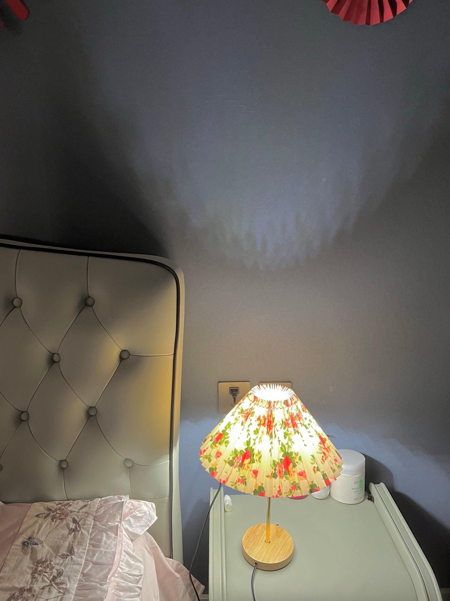 Flores Floral Pleated Shade Table Lamp with Wooden Base and Gold Accents