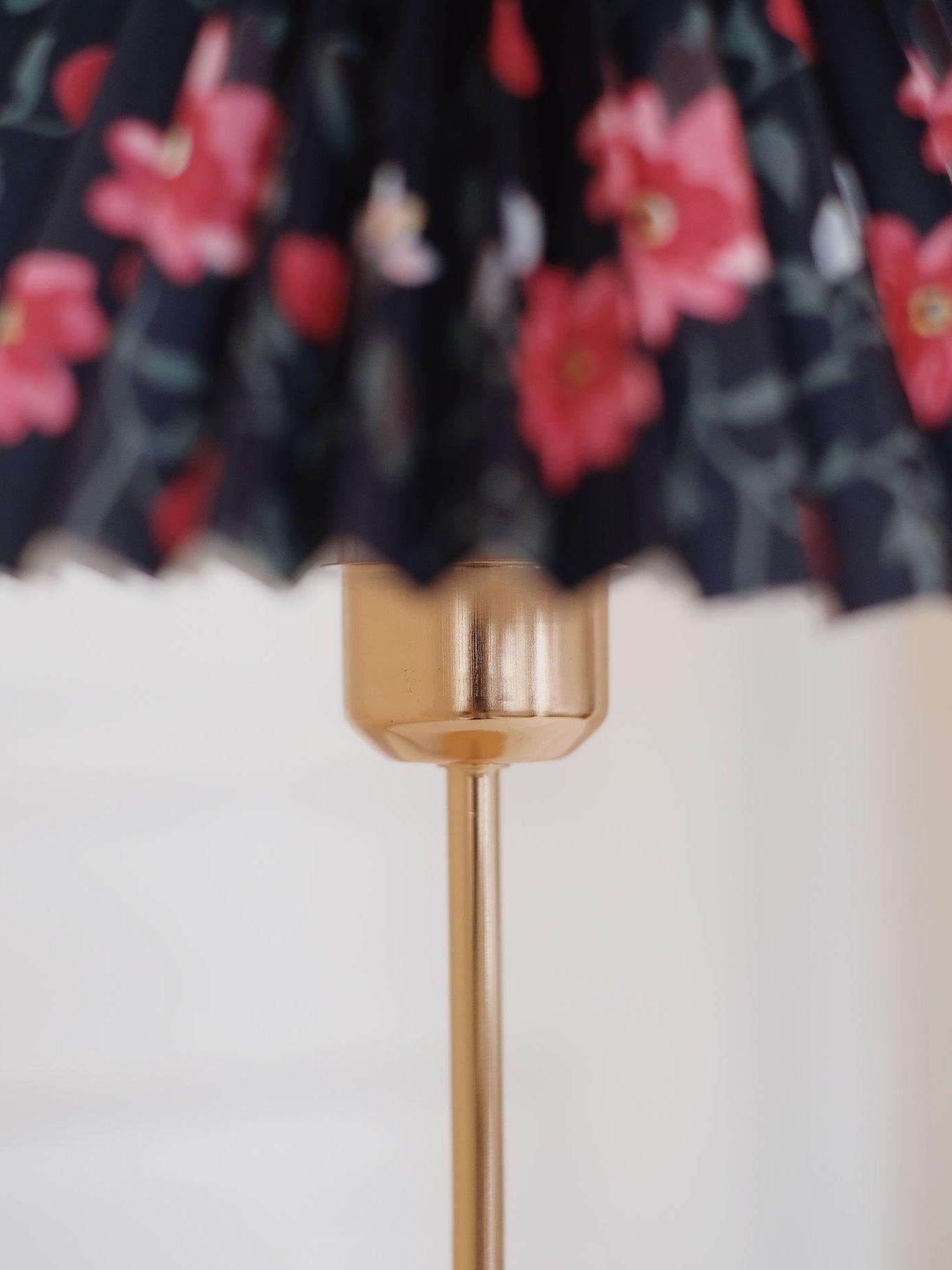 Flores Floral Pleated Shade Table Lamp with Wooden Base and Gold Accents