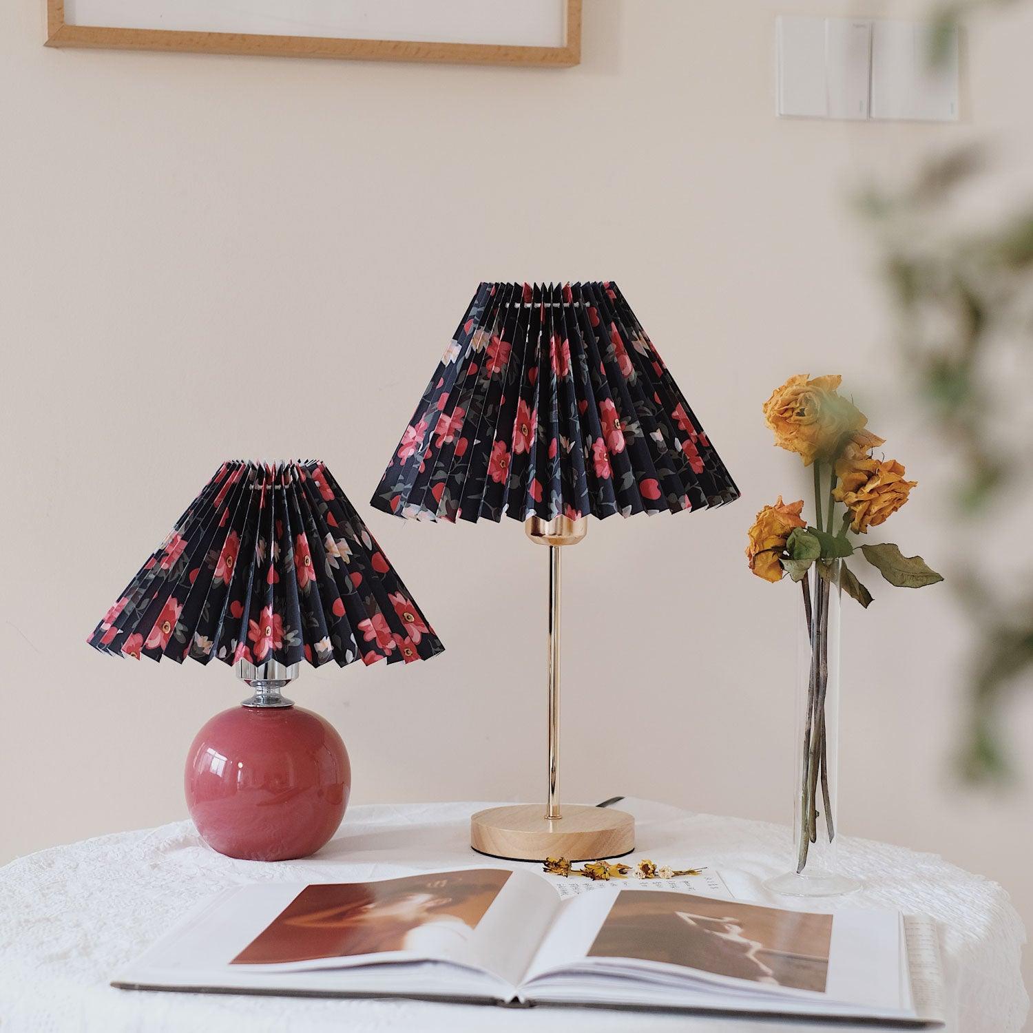 Flores Floral Pleated Shade Table Lamp with Wooden Base and Gold Accents