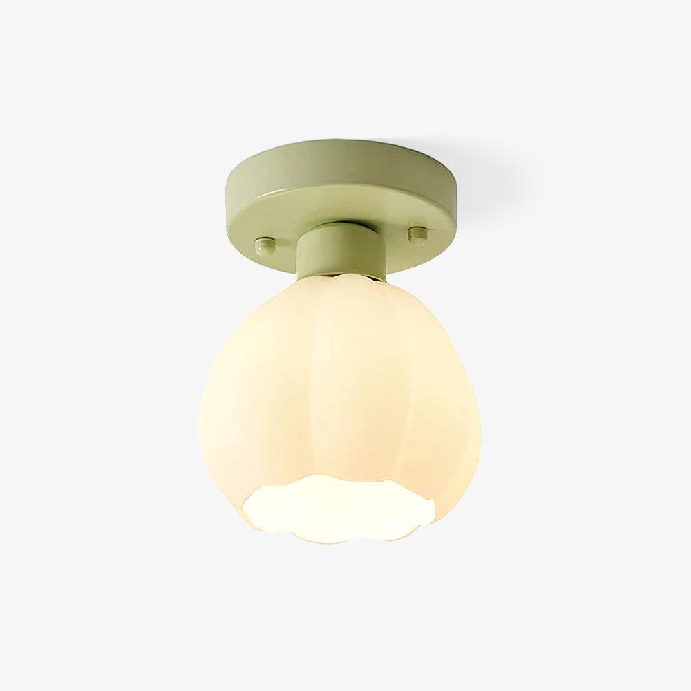 Decorative Green Floral Glass Semi Flush Mount Light with White Flower Shade