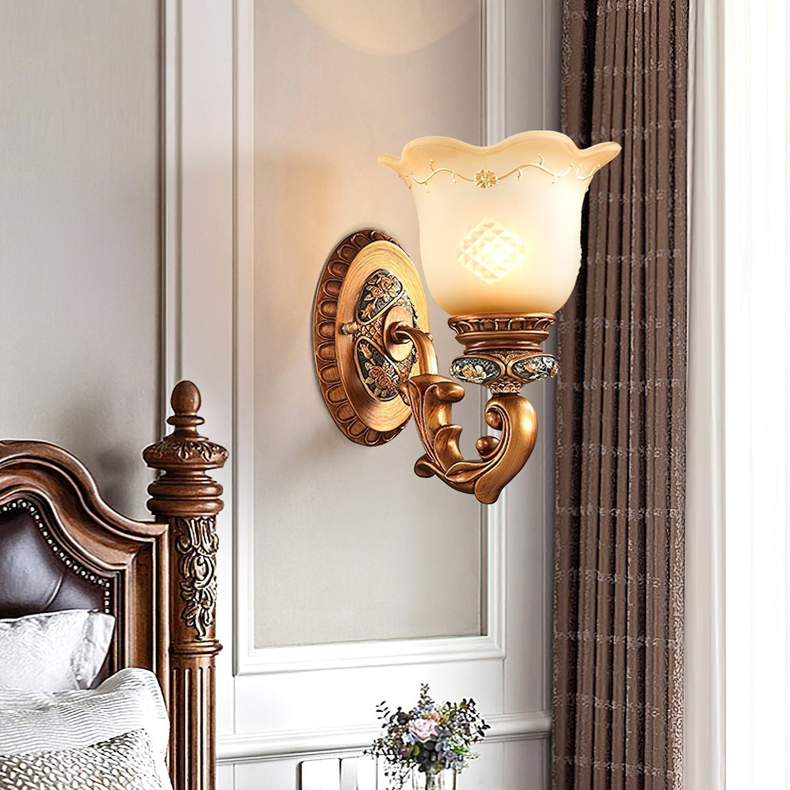 elegant-resin-flower-wall-sconce-lighting-with-vintage-beige-glass-shade