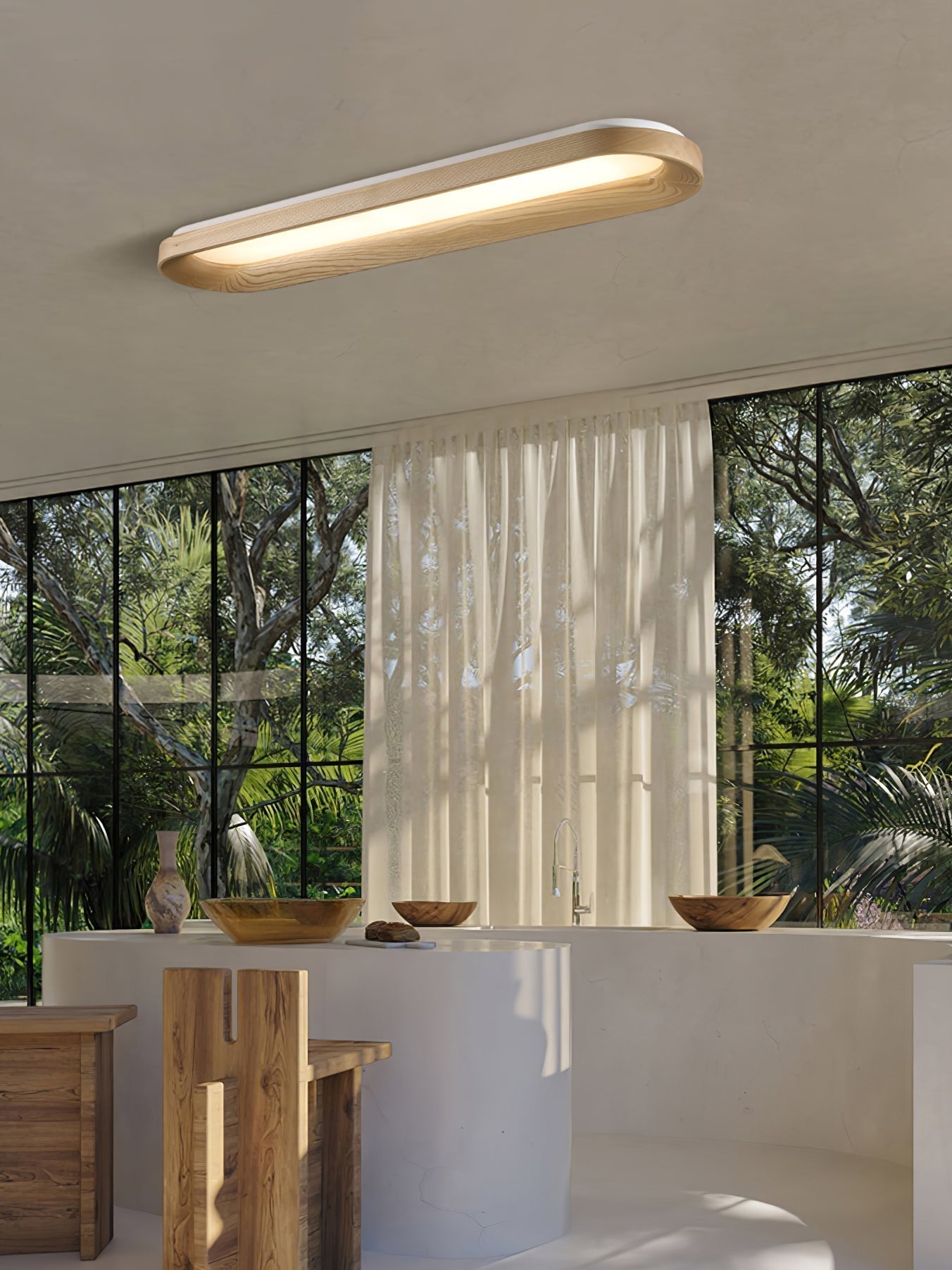 Modern Minimalist Organic Flowing Cloud LED Ceiling Light with Wood Frame and Acrylic Diffuser