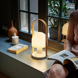 Portable Rechargeable Glass Bedside Table Lamp with Adjustable Tilting Shade and Wood Finish