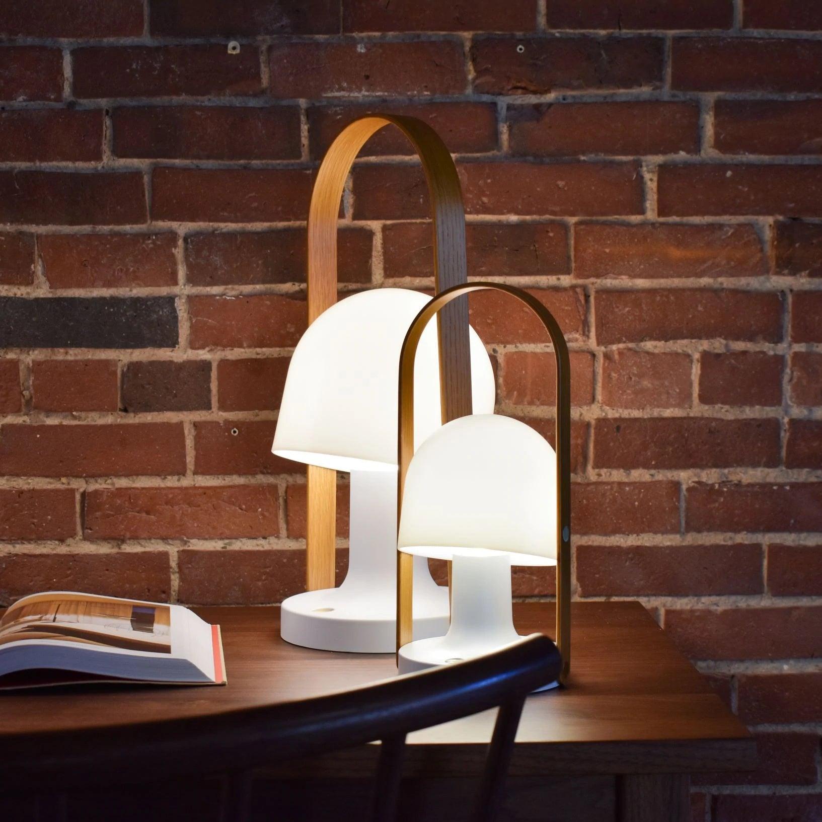 Portable Rechargeable Glass Bedside Table Lamp with Adjustable Tilting Shade and Wood Finish