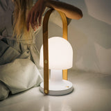 Portable Rechargeable Glass Bedside Table Lamp with Adjustable Tilting Shade and Wood Finish