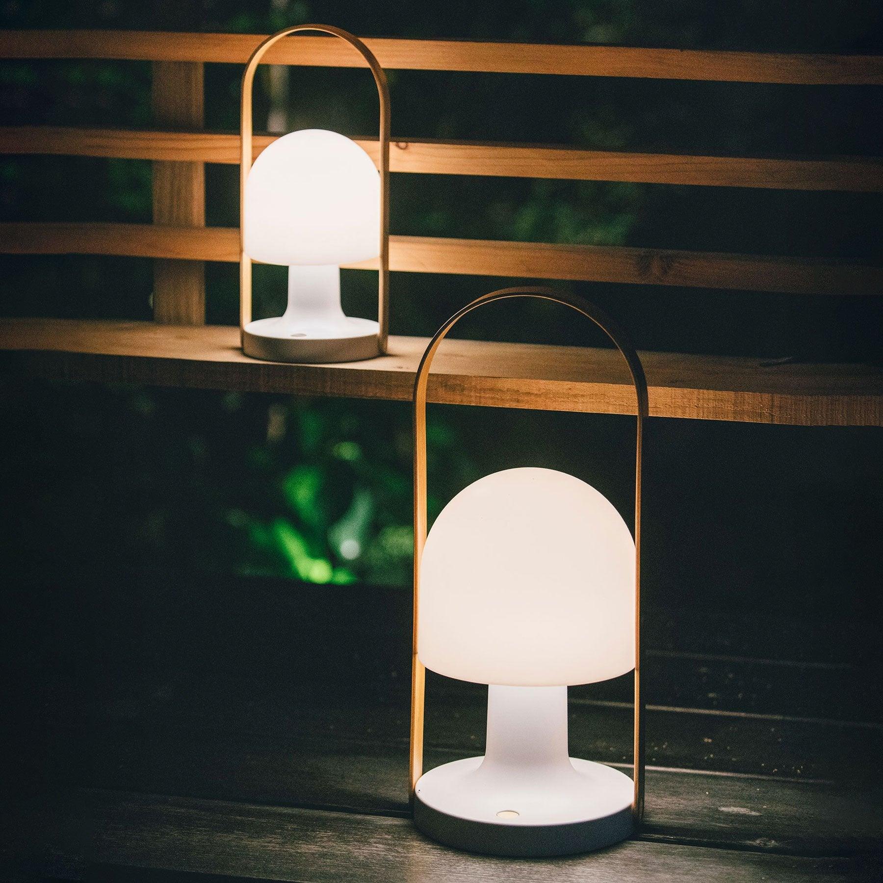 Portable Rechargeable Glass Bedside Table Lamp with Adjustable Tilting Shade and Wood Finish