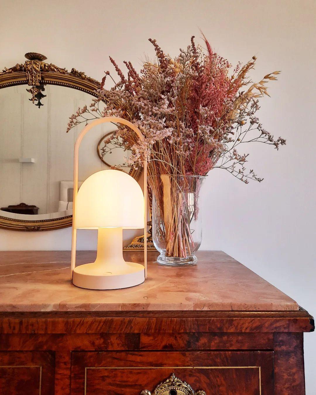 Portable Rechargeable Glass Bedside Table Lamp with Adjustable Tilting Shade and Wood Finish